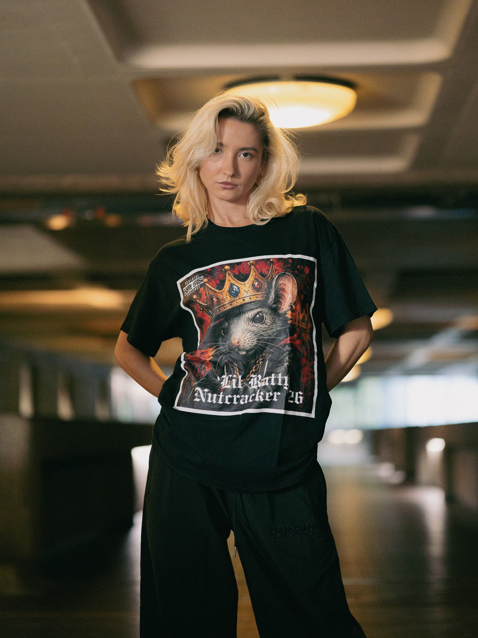 'Lil Ratty Tee in black, shot at the Barbican